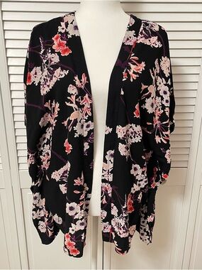 H&M Black Floral Open Front Cardigan Kimono Flyaway Viscose Spring Bloom Boho
